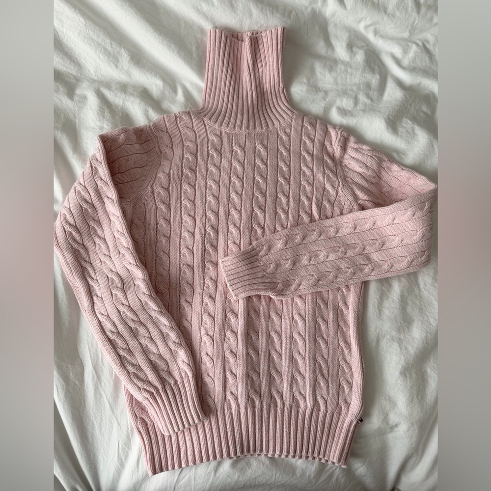 Tommy Hilfiger Light Pink Cable Knit Turtleneck Sweater, XS, 100% cotton